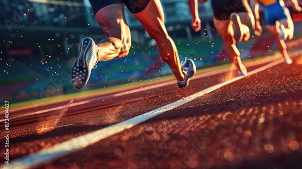 Fototapeta Runners are in the midst of a high-energy race on a track, their feet kicking up dust as they sprint with intense determination, illuminated by sunlight.
