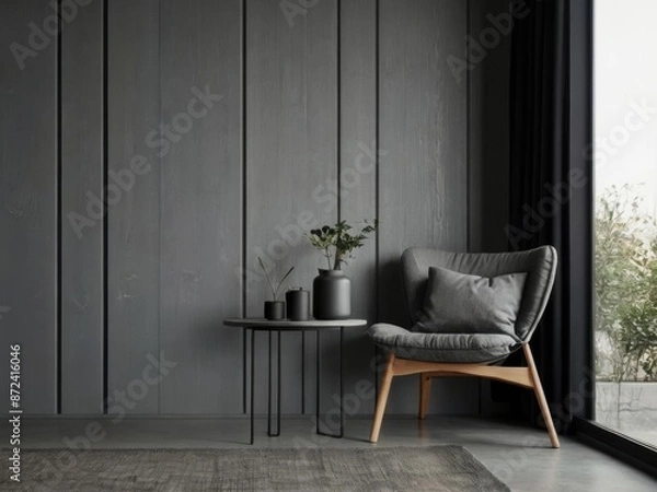 Obraz Grey wall panels and a black side table in minimalistic interior design composition.
