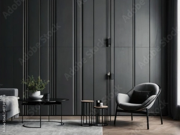 Obraz Grey wall panels and a black side table in minimalistic interior design composition.
