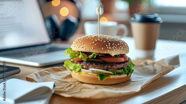 Fototapeta Burger on a desk with office items