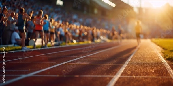 Obraz Detailed view of Paris Olympic stadium running track with tribunes in the background
