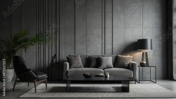 Obraz Grey wall panels and a black side table in minimalistic interior design composition.
