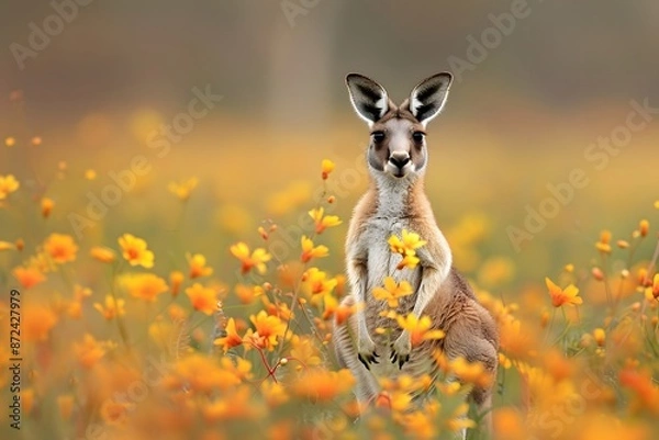 Fototapeta Kangaroo in a vibrant field of yellow-orange flowers, standing alert and curious.