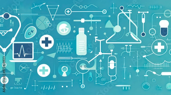 Obraz Flat medical icons and symbols on an abstract background emphasizing healthcare technology and innovation blue-toned clean and modern aesthetic minimalistic design 