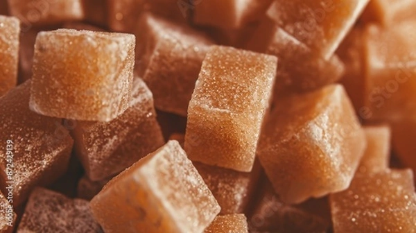 Fototapeta Close-up view of brown sugar cubes with a clear label, surrounded by green sugar cane stalks. Focus on clarity, quality, isolated background, studio lighting