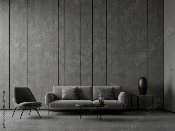 Obraz Grey wall panels and a black side table in minimalistic interior design composition.
