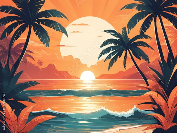 Fototapeta AI generative. Tropical pictures of natural scenery there are mountains, sea and coconut trees and sunrise. 5