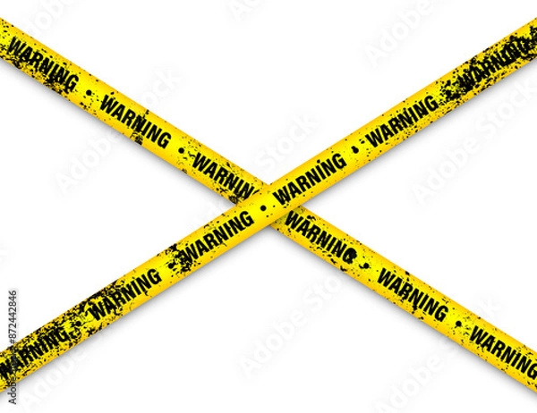 Fototapeta Old grunge barricade construction tape. Yellow police warning line, brightly colored danger or hazard stripe, ribbon. Restricted area, zone. Attention symbol. Vector illustration