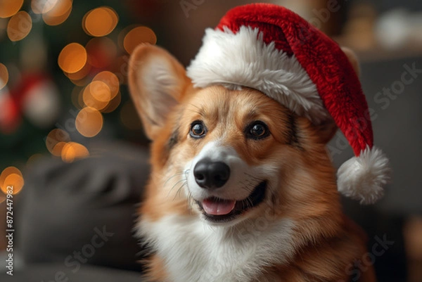 Fototapeta A corgi dog wearing a Santa claus hat sitting in a room in front of a decorated Christmas tree. The mood is festive and joyful, ideal for holiday, Christmas, or pet celebration themes.