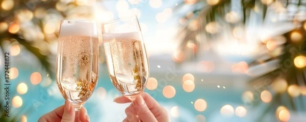 Fototapeta Two champagne glasses clinking together with a bokeh background, representing celebration and festive mood.