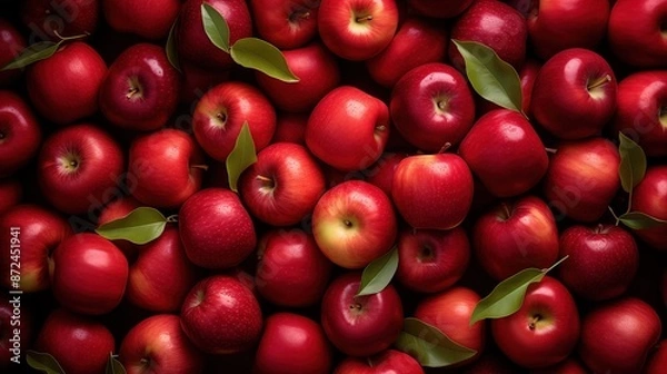 Fototapeta Red apples background. A close-up view of numerous fresh red apples with green leaves scattered among them. Full screen filled.