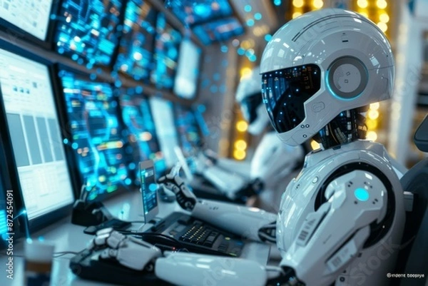 Fototapeta A lone robot sits at a computer workstation in a futuristic control room. The robot is wearing a white helmet and is surrounded by multiple computer screens showing various data and graphs