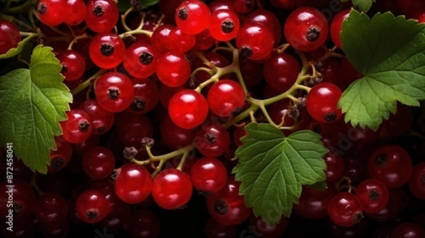 Fototapeta Currants beauty texture. Close-up of fresh red currants with green leaves on a dark background.