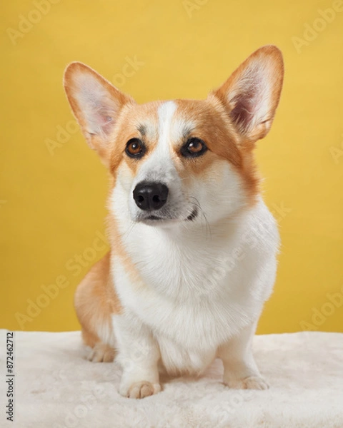 Fototapeta An attentive Pembroke Welsh Corgi dog sits gracefully, with ears perked, on a warm yellow background. The portrait exudes the dog noble character and friendly essence in a cozy studio setting