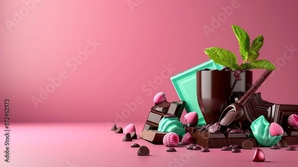 Fototapeta Mint chocolate minimalist background with space above for text flat design side view fresh theme 3D render Complementary Color Scheme