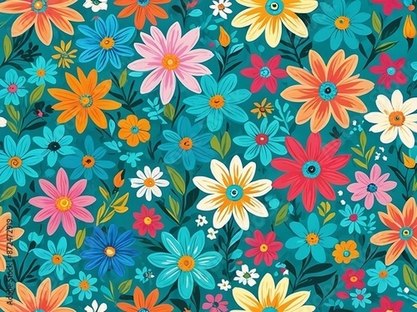 Fototapeta A colorful and vibrant floral pattern with various flowers, leaves, and a teal background.