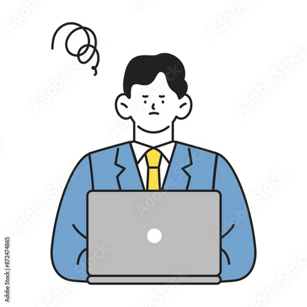 Fototapeta ノートパソコンを使うネガティブな表情のビジネスパーソンの男性イラスト