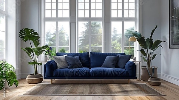 Fototapeta A minimalist living room showcasing a navy blue sofa, medium-range, white walls, large windows, wooden floor, indoor plant, artistic decor. High quality picture resolution 4K sharp focus and clear