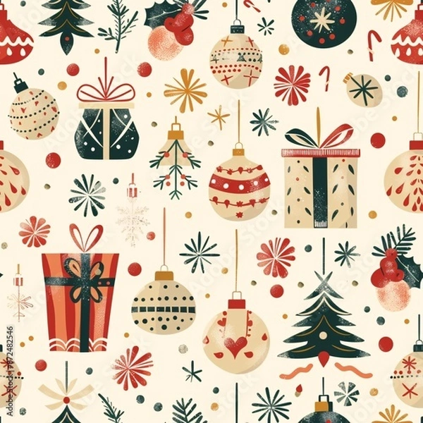 Obraz A seamless pattern displaying Christmas ornaments and wrapping paper with festive typography, perfectly integrated into the design