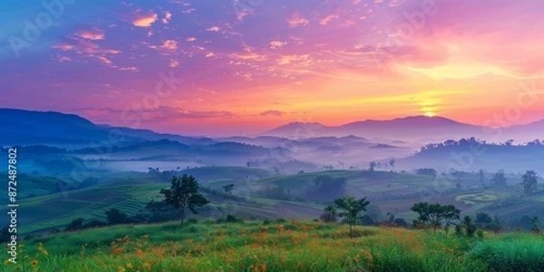 Fototapeta A colorful sunrise painting the sky with hues of orange and pink over a serene countryside landscape