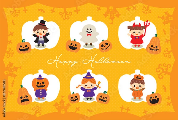 Obraz ハロウィンの仮装をする子供達のイラストセット