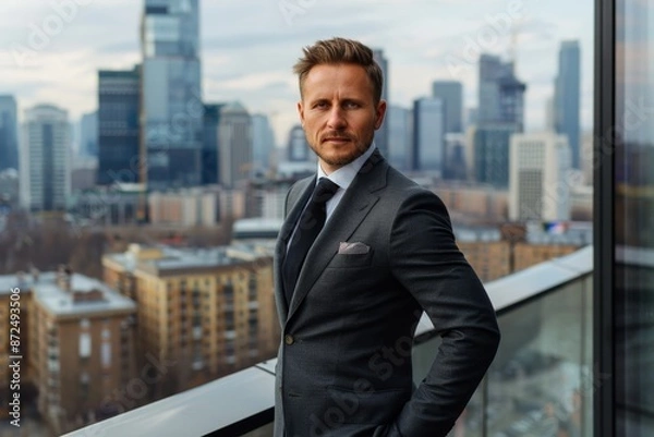 Fototapeta A confident businessman in a tailored suit standing in front of a cityscape, symbolizing ambition, success, and the dynamic nature of the corporate world