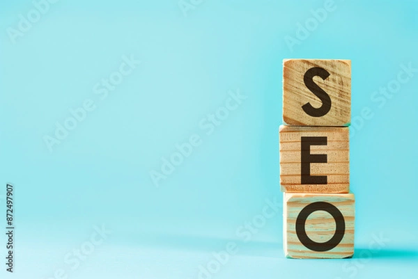 Obraz Three wooden blocks stacking with the letters S, E and O for Search Engine Optimization concept. Generative AI