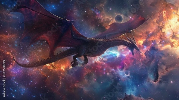 Fototapeta A majestic, winged dragon soaring through the cosmos, captured from the rear by a high-flying drone, vibrant galaxies and stars illuminate the scene, photorealistic digital art