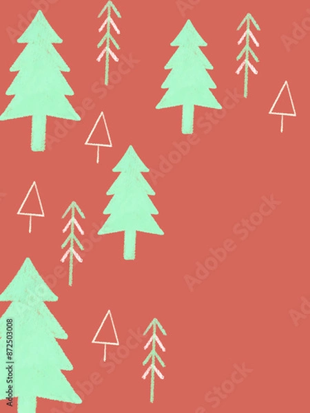 Fototapeta クレヨンで描いた森のパターンイラスト　赤