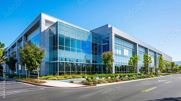 Fototapeta high quality photo of an office building in a modern commercial complex in a suburban area of Los Angeles, California. The sleek design features large windows and blue accents with gray exterior
