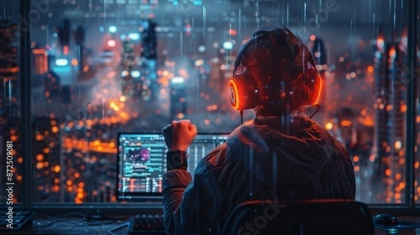 Fototapeta Cyberpunk Gamer in a Neon-Lit Cityscape - Generative AI