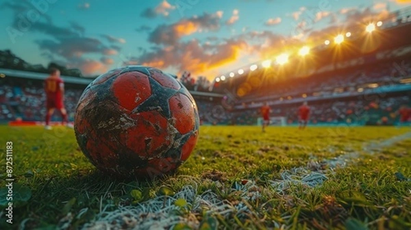 Fototapeta Dynamic Soccer Action at Sunset - Generative AI
