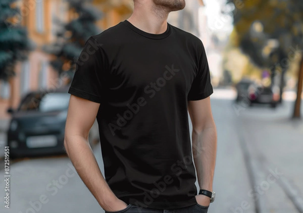Obraz black  t-shirt mockup on male model, front and back view