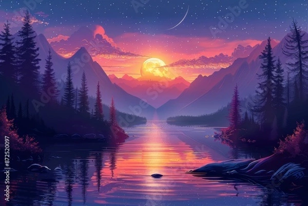 Fototapeta 夕暮れ時の山の湖のスタイライズされたベクターアート