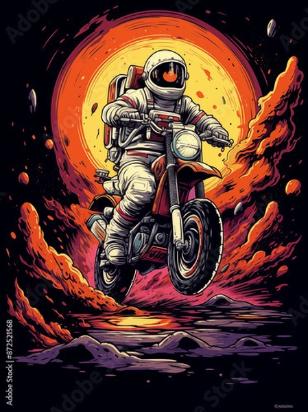 Obraz  T-shirt design of an astronaut riding on the edge off motorcycle,