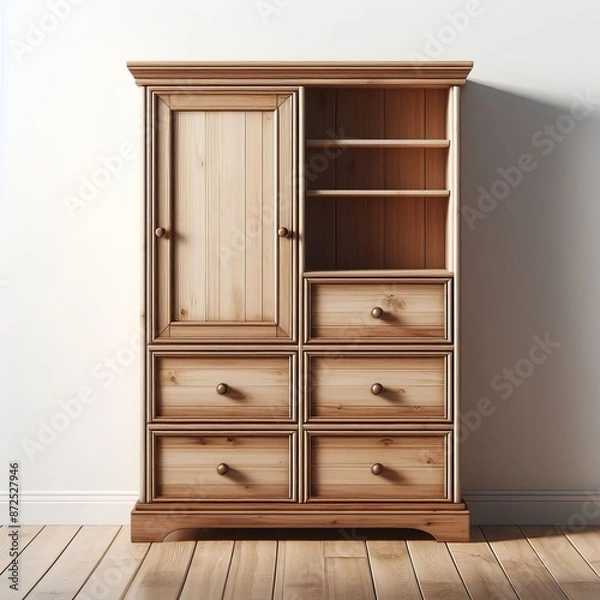 Fototapeta Empty wooden shelves offer versatile storage for books, décor, or anything you need to organize in your home or office