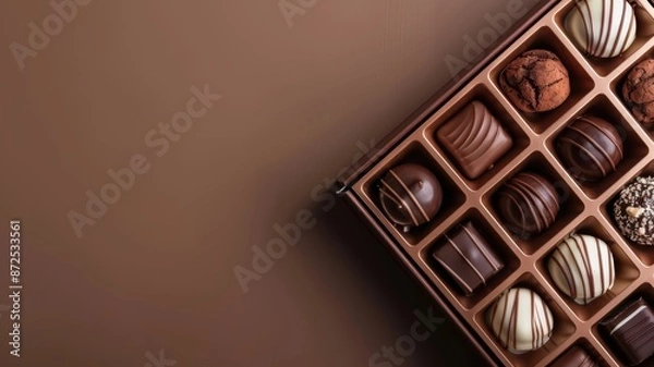 Fototapeta Assorted Gourmet Chocolates in Elegant Box on Brown Background - Perfect for Celebrations and Gifts