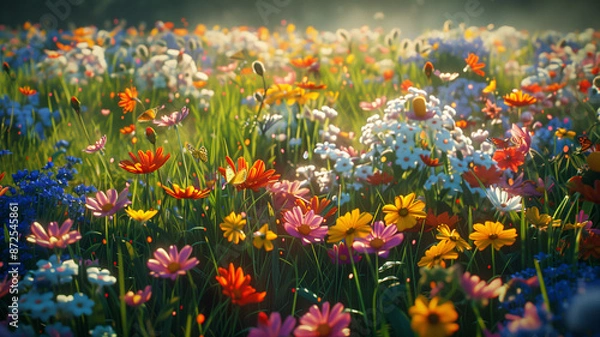 Fototapeta A field of wildflowers in full bloom, their vibrant colors creating a patchwork of beauty. The diverse array of blooms attracts butterflies and bees.