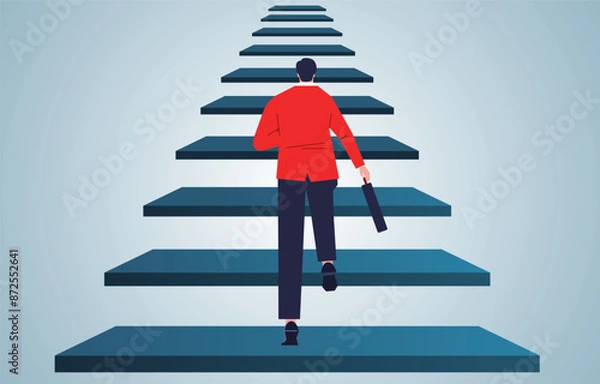 Fototapeta Positive attitude, motivation and challenge to move forward, progress and improvement in career, businessman running up the steps