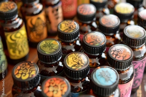 Fototapeta Assortment of Essential Oils in Bottles with Intricate Labels
