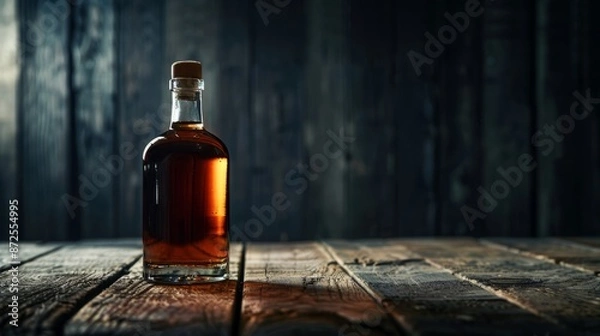 Fototapeta Bottle of brandy on a wooden table in a dark room