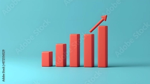 Fototapeta Red bar chart with arrow on blue background showing growth and success in business, finance, and data analysis. 3D Illustration.