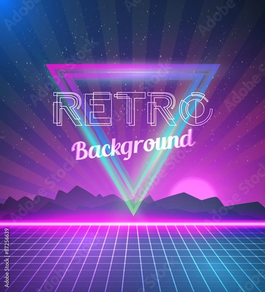 Fototapeta Neonowy plakat retro disco 80s wykonany w stylu Tron z trójkątami, f