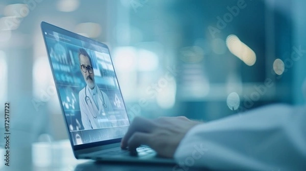 Fototapeta A doctor using a laptop for a virtual consultation, captured in a documentary photography style, showing the everyday life of medical professionals, realistic and raw