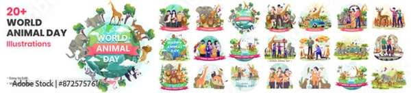 Fototapeta Mega Collection of World Animal Day Illustration. Wildlife Day, Animals on the Planet, Animals Around the World With Zoo Keeper. Happy Animal Day Flat Vector Illustration