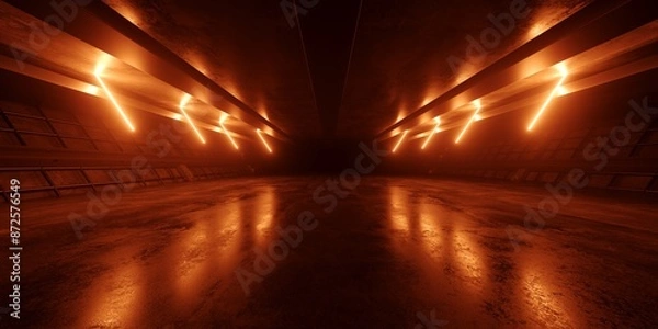 Obraz Cyber Retro Sci Fi Futuristic Neon Glowing Orange Glowing Ceiling Lights Barn Warehouse Metal Cement Night Studio Hangar 3D Rendering