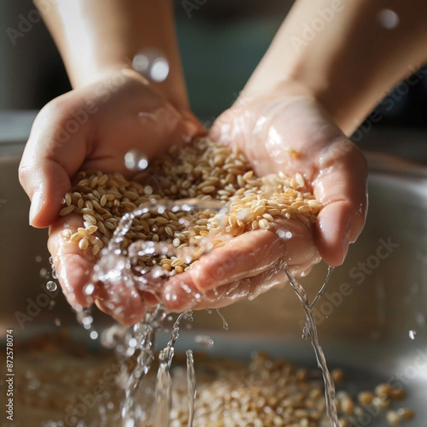 Fototapeta Washing brown rice by hand under running water, with attention to water droplets and rice grain texture, and cooking in the kitchen.