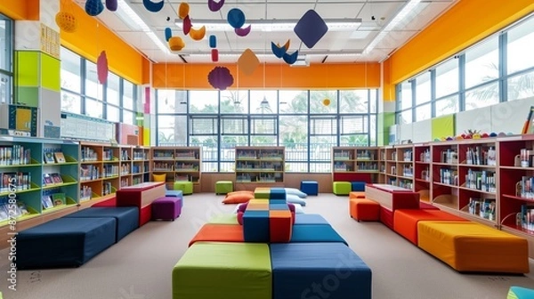 Fototapeta Bright and vibrant school library with sleek seating and playful decorations