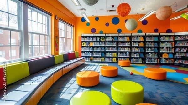 Fototapeta Bright and vibrant school library with sleek seating and playful decorations