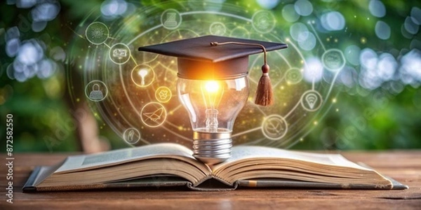 Fototapeta Illuminated lightbulb sits atop an open book with a graduation hat, surrounded by education icons, symbolizing online learning and e-degree achievements in digital courses.